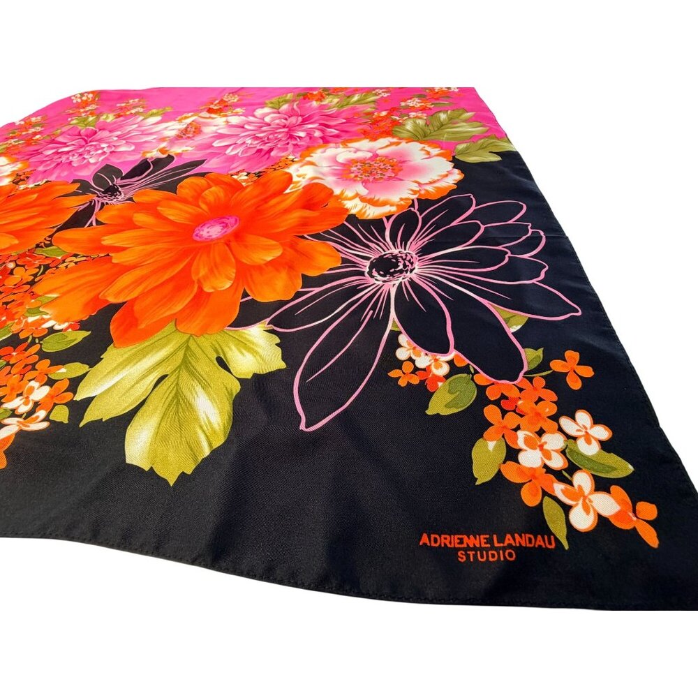 Adrienne Landau Studio Floral Silk Scarf Pink Orange Black Bold Retro Design 35" - Picture 4 of 11